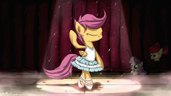Size: 3840x2160 | Tagged: safe, artist:neko-me, apple bloom, rainbow dash, scootaloo, sweetie belle, twilight sparkle, pegasus, pony, unicorn, g4, ballerina, ballet, bipedal, bow, clothes, cutie mark crusaders, dancing, dress, eyes closed, female, filly, foal, hair bow, hooves, horn, looking at someone, open mouth, scootarina, spotlight, stage, tail, tutu, wings