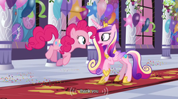 Size: 640x355 | Tagged: safe, screencap, pinkie pie, princess cadance, queen chrysalis, a canterlot wedding, g4, mlp-captions, youtube caption