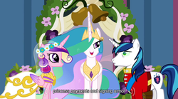 Size: 640x355 | Tagged: safe, screencap, princess cadance, princess celestia, queen chrysalis, shining armor, a canterlot wedding, g4, my little pony: friendship is magic, alternate name, mlp-captions, youtube caption