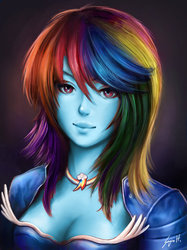Size: 800x1067 | Tagged: safe, artist:indiron, edit, rainbow dash, human, g4, cleavage, female, humanized, pony coloring, recolor, solo
