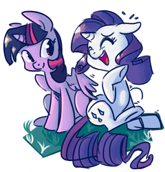 Size: 531x552 | Tagged: safe, artist:php27, artist:rustydooks, rarity, twilight sparkle, alicorn, pony, unicorn, g4, female, laughing, lesbian, mare, ship:rarilight, shipping, sitting, tickling, ticklish wings, twilight sparkle (alicorn)