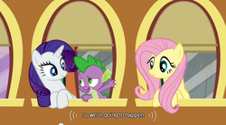 Size: 640x355 | Tagged: safe, screencap, fluttershy, rarity, spike, a canterlot wedding, g4, mlp-captions, youtube caption