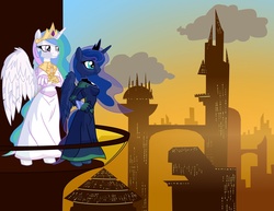 Size: 2200x1700 | Tagged: safe, artist:grandpalove, princess celestia, princess luna, anthro, g4, balcony, city, future, sunset