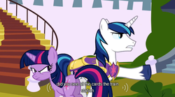 Size: 640x355 | Tagged: safe, screencap, shining armor, twilight sparkle, a canterlot wedding, g4, mlp-captions, youtube caption