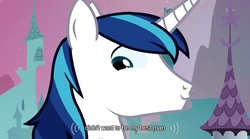 Size: 640x355 | Tagged: safe, screencap, shining armor, a canterlot wedding, g4, faic, male, mlp-captions, smirk, solo, twiface, youtube caption