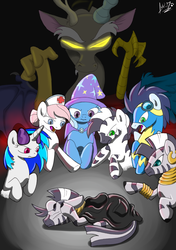 Size: 850x1205 | Tagged: safe, artist:chocolatechilla, discord, dj pon-3, nurse redheart, soarin', trixie, vinyl scratch, zecora, oc, zebra, g4, scared