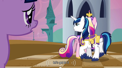 Size: 640x355 | Tagged: safe, screencap, princess cadance, queen chrysalis, shining armor, twilight sparkle, a canterlot wedding, g4, mlp-captions, youtube caption