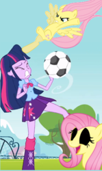 Size: 317x533 | Tagged: safe, edit, edited screencap, screencap, fluttershy, twilight sparkle, equestria girls, g4, my little pony equestria girls, black sclera, cropped, football, kicking, sports, wat