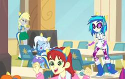 Size: 327x208 | Tagged: safe, screencap, derpy hooves, dj pon-3, nolan north, trixie, vinyl scratch, equestria girls, g4, my little pony equestria girls, background human