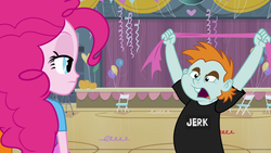 Size: 1920x1080 | Tagged: safe, edit, edited screencap, screencap, pinkie pie, snips, equestria girls, g4, my little pony equestria girls, balloon, dan vs, duo, fanboy, meme, snips shirt