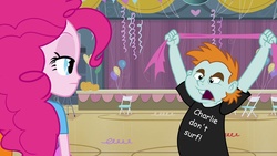 Size: 1920x1080 | Tagged: safe, edit, edited screencap, screencap, pinkie pie, snips, equestria girls, g4, my little pony equestria girls, charlie don't surf, duo, implications, snips shirt, text, wrong just wrong