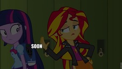 Size: 960x540 | Tagged: safe, edit, edited screencap, screencap, spike, sunset shimmer, twilight sparkle, equestria girls, g4, my little pony equestria girls, image macro, shocked, soon, surprised, unamused