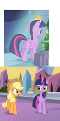 Size: 244x487 | Tagged: safe, applejack, twilight sparkle, alicorn, pony, g4, female, mare, meta, twilight sparkle (alicorn)