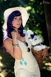 Size: 636x960 | Tagged: safe, artist:yuichan90, opalescence, rarity, human, g4, basket, bracelet, cosplay, hat, irl, irl human, outdoors, photo, plushie, solo, sunglasses