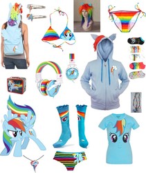 Size: 600x711 | Tagged: safe, rainbow dash, pony, g4, backpack, bikini, clothes, headset, hoodie, merchandise, panties, shirt, simple background, socks, swimsuit, t-shirt, underwear