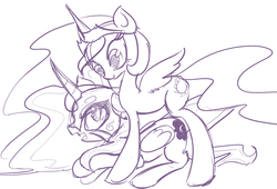 Size: 1280x872 | Tagged: source needed, safe, nightmare moon, princess celestia, alicorn, pony, g4, sketch