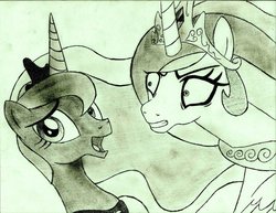 Size: 1024x790 | Tagged: artist needed, safe, princess celestia, princess luna, two best sisters play, g4, monochrome, traditional art