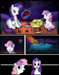 Size: 750x956 | Tagged: safe, artist:alfredofroylan2, rarity, sweetie belle, g4, comic, meteor, night, picnic, starry night