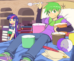 Size: 2847x2362 | Tagged: safe, artist:xinom, spike, twilight sparkle, g4, bed, book, carrying, food, humanized, ice cream