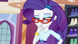 Size: 1920x1080 | Tagged: safe, rarity, equestria girls, g4, my little pony equestria girls, female, glasses, glasses rarity, rarity's glasses, solo, thinking