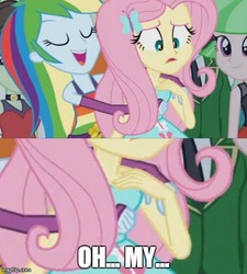 Size: 480x533 | Tagged: safe, edit, edited screencap, screencap, fluttershy, rainbow dash, equestria girls, g4, my little pony equestria girls, caption, cropped, fall formal outfits, grope, out of context, personal space invasion, zoomed in