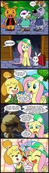 Size: 628x2200 | Tagged: safe, artist:madmax, angel bunny, fluttershy, comic:the town, g4, animal crossing, comic, guilt trip, gwen (animal crossing), hat, isabelle, isashy, kevin (animal crossing), mood whiplash, walt (animal crossing), yay