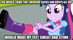 Size: 625x351 | Tagged: safe, edit, edited screencap, screencap, twilight sparkle, equestria girls, g4, my little pony equestria girls, feet, female, image macro, solo