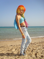 Size: 2304x3072 | Tagged: safe, artist:serebii42, rainbow dash, human, g4, beach, cosplay, irl, irl human, midriff, photo, solo