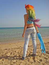 Size: 2304x3072 | Tagged: safe, artist:serebii42, rainbow dash, human, g4, ass, beach, butt, cosplay, irl, irl human, midriff, photo, solo