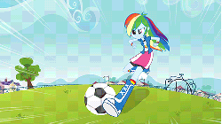 Size: 480x270 | Tagged: safe, screencap, rainbow dash, equestria girls, g4, my little pony equestria girls, animated, ball, boots, clothes, compression shorts, female, football, kicking, shoes, skirt, soccer field, solo, turnaround