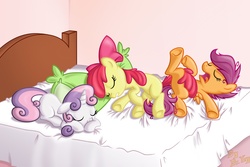 Size: 1500x1000 | Tagged: safe, artist:lordyanyu, apple bloom, scootaloo, sweetie belle, earth pony, pegasus, pony, unicorn, g4, bed, bed mane, cute, cutie mark crusaders, eyes closed, female, filly, floppy ears, foal, lying down, messy mane, on back, open mouth, pillow, prone, signature, sleeping, snoring