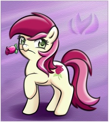 Size: 800x897 | Tagged: safe, artist:raininess, roseluck, g4, female, mouth hold, rose, solo