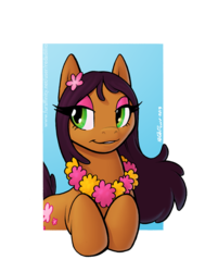 Size: 531x702 | Tagged: safe, artist:redadillio, oc, oc only, oc:tropical breeze, earth pony, pony, female, flower, flower in hair, lei, mare, solo