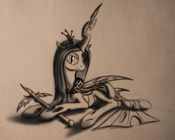 Size: 1600x1283 | Tagged: safe, artist:spacehunt, queen chrysalis, changeling, changeling queen, g4, cloak, clothes, crown, female, jewelry, regalia, scepter, solo