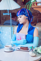 Size: 2848x4288 | Tagged: safe, artist:anima89, twilight sparkle, human, g4, book, cake, clothes, cosplay, dress, evening gloves, gala dress, gloves, irl, irl human, photo, table, tea, teacup