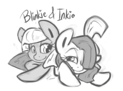 Size: 1200x890 | Tagged: safe, artist:leadhooves, limestone pie, marble pie, g4, duo, grayscale, lidded eyes, looking at each other, looking back, monochrome, prone, simple background, smiling, white background