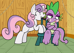 Size: 1280x914 | Tagged: safe, artist:reiduran, spike, sweetie belle, dragon, pony, unicorn, g4, ^^, crossed arms, duo, eyes closed, female, forced makeover, like sister like sister, makeover, makeup, male, ship:spikebelle, shipping, straight, tsundere, unamused