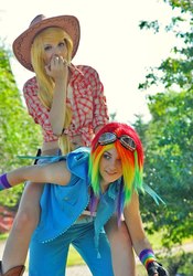 Size: 698x1000 | Tagged: safe, artist:evil--cupcake, applejack, rainbow dash, human, g4, cosplay, irl, irl human, photo