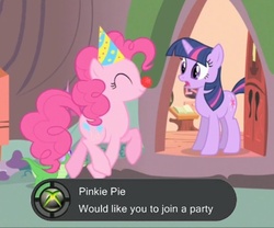 Size: 700x583 | Tagged: safe, edit, edited screencap, screencap, gummy, pinkie pie, twilight sparkle, g4, party of one, achievement, caption, clown nose, hat, party hat, red nose, xbox 360