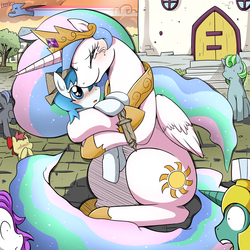 Size: 2000x2000 | Tagged: safe, artist:vavacung, princess celestia, oc, oc:paper mache, alicorn, pony, unicorn, comic:to love god - to love mortal, g4, blushing, canon x oc, crying, eyes closed, female, filly, happy, hug, mare, open mouth, smiling