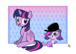 Size: 818x578 | Tagged: safe, artist:ahmedz, artist:datahmedz, twilight sparkle, alicorn, dog, pony, g4, 2014, beret, collar, crossover, duo, duo female, female, hat, littlest pet shop, looking at each other, looking at someone, mare, old art, open mouth, open smile, signature, sitting, smiling, twilight barkle, twilight sparkle (alicorn), zoe trent