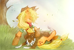 Size: 2000x1349 | Tagged: safe, artist:cruelseptember, applejack, winona, g4, clothes, grass, tree, windswept mane