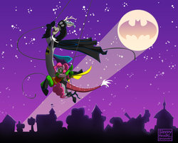 Size: 1600x1284 | Tagged: safe, artist:sleepyheadkl, discord, pinkie pie, g4, batman, batman and robin, crossover, dc comics, robin