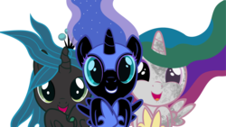 Size: 5120x2880 | Tagged: safe, artist:beavernator, nightmare moon, princess celestia, queen chrysalis, alicorn, changeling, changeling queen, pony, g4, beavernator is trying to murder us, cewestia, cute, cutealis, cutelestia, female, filly, foal, happy, looking at you, moonabetes, nightmare woon, simple background, smiling, smiling at you, transparent background, trio, trio female, younger