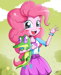 Size: 1784x2162 | Tagged: safe, artist:the-butch-x, gummy, pinkie pie, equestria girls, g4, blushing, clothes, cute, diapinkes, skirt