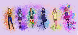 Size: 1324x603 | Tagged: safe, artist:melodicartist, applejack, fluttershy, pinkie pie, rainbow dash, rarity, twilight sparkle, human, g4, balloon, clothes, converse, equestria girls outfit, humanized, mane six, shoes