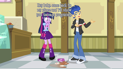 Size: 1280x720 | Tagged: safe, edit, edited screencap, screencap, flash sentry, twilight sparkle, equestria girls, g4, my little pony equestria girls, cards against equestria girls, duo, image macro, spilled drink