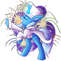 Size: 800x808 | Tagged: safe, artist:paleblank, trixie, pony, unicorn, g4, clothes, female, fireworks, grin, hat, mare, smiling, solo, suit, top hat