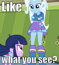 Size: 546x600 | Tagged: safe, edit, edited screencap, screencap, trixie, twilight sparkle, equestria girls, g4, my little pony equestria girls, cropped, female, image macro, lesbian, meme, ship:twixie, shipping