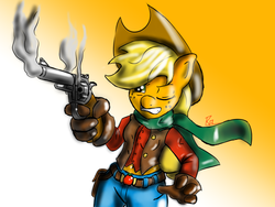 Size: 1900x1426 | Tagged: safe, artist:rauhfasertapete, applejack, earth pony, anthro, g4, female, gun, pistol, revolver, solo, weapon